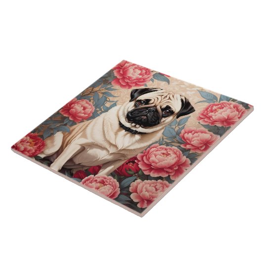 Pug en pioenbloemen William Morris geïnspireerd Tegeltje (Zijkant)