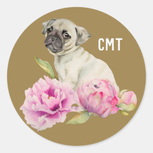 Pug en pioenen   Hondenkunst   Monogram Ronde Sticker