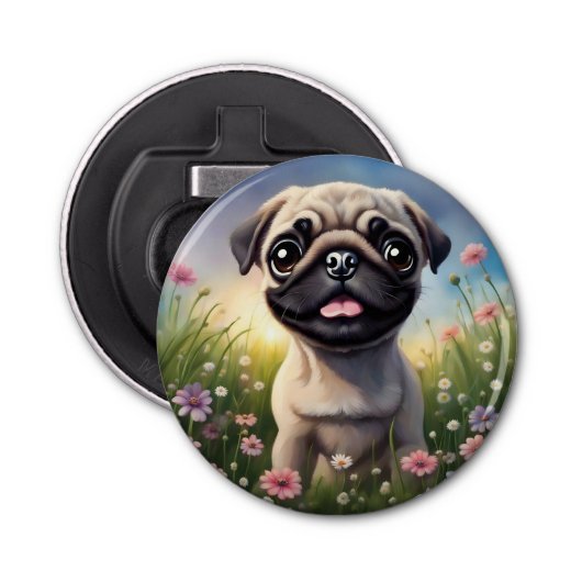 Pug Flowers Button Flesopener (Voorkant)