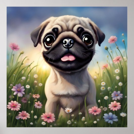 Pug Flowers Poster (Voorkant)