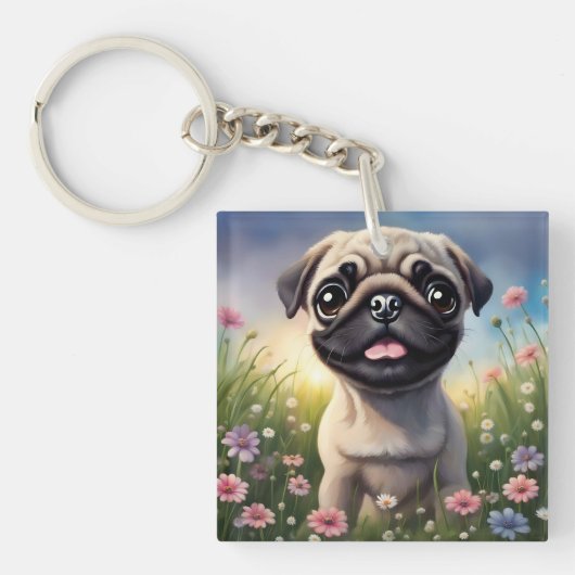 Pug Flowers Sleutelhanger (Voorkant)
