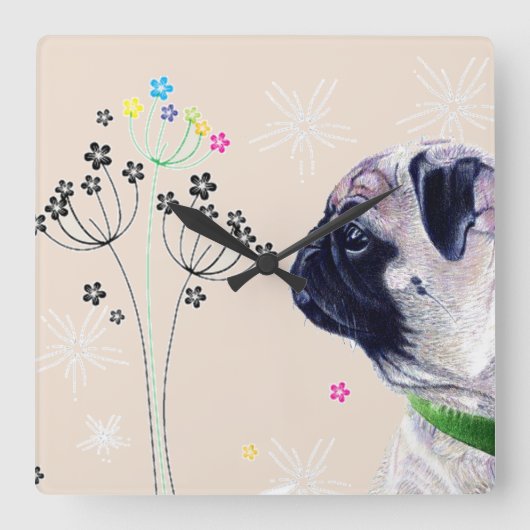 Pug & Flowers Wall Clock Vierkante Klok (Voorkant)