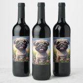 Pug Flowers Wijn Etiket (Flessen)