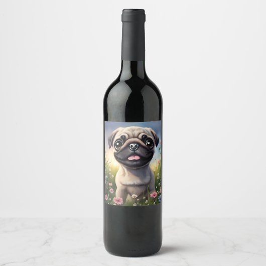 Pug Flowers Wijn Etiket (Voorkant)