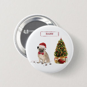 Pug Funny Kersthond met boom Ronde Button 5,7 Cm
