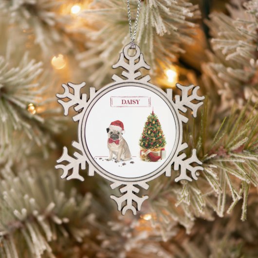 Pug Funny Kersthond met boom Tin Sneeuwvlok Ornament (Boom)