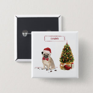 Pug Funny Kersthond met boom Vierkante Button 5,1 Cm