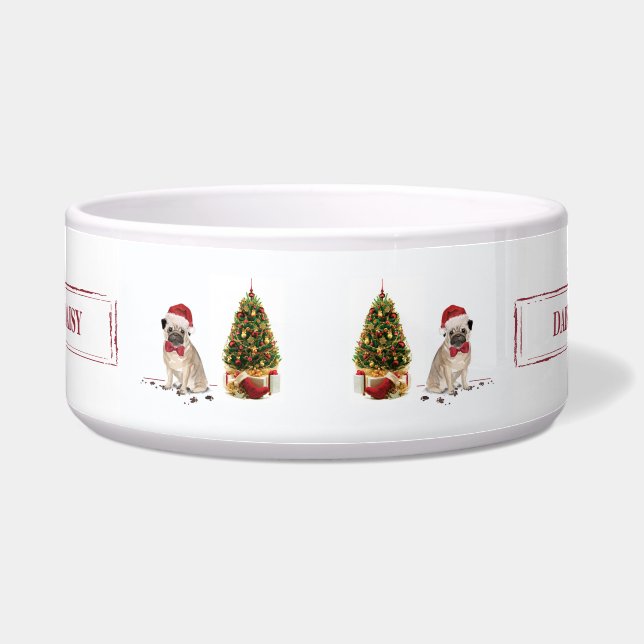 Pug Funny Kersthond met boom Voerbakje (Voorkant)