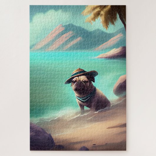 Pug geniet van strandschilderkunst legpuzzel (Verticaal)