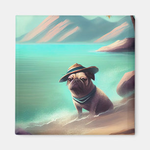 Pug geniet van strandschilderkunst magneet