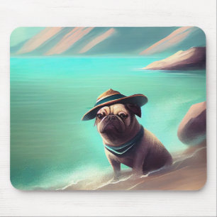 Pug geniet van strandschilderkunst muismat