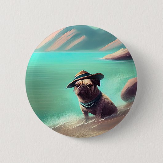 Pug geniet van strandschilderkunst ronde button 5,7 cm (Voorkant)