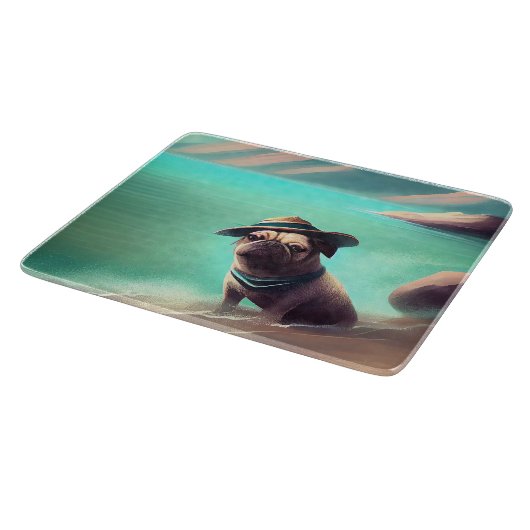 Pug geniet van strandschilderkunst snijplank (Hoek)