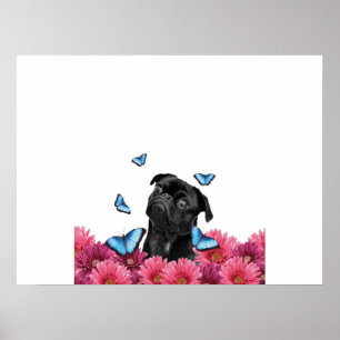 Pug Gerbera Butterflies Cute Black Dog Poster