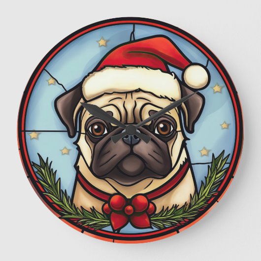 Pug Glas in lood Kerst Grote Klok (Voorkant)