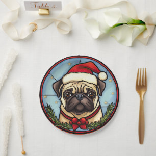 Pug Glas in lood Kerst Papieren Bordje