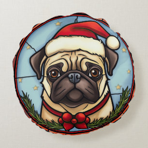Pug Glas in lood Kerst Rond Kussen