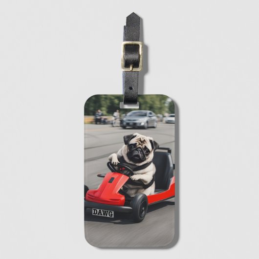 Pug go-kart racen bagagelabel (Voorkant (verticaal))