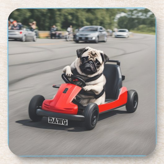 Pug go-kart racen bier onderzetter (Voorkant)