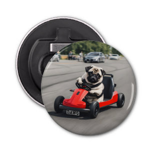 Pug go-kart racen button flesopener