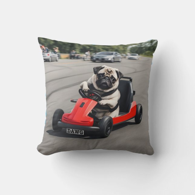 Pug go-kart racen kussen (Voorkant)