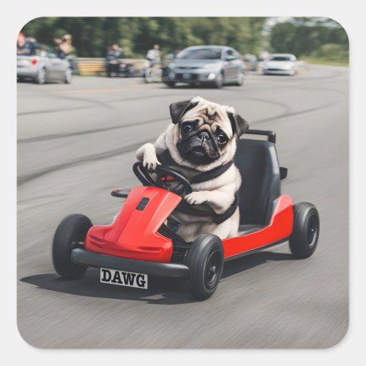 Pug go-kart racen vierkante sticker (Voorkant)