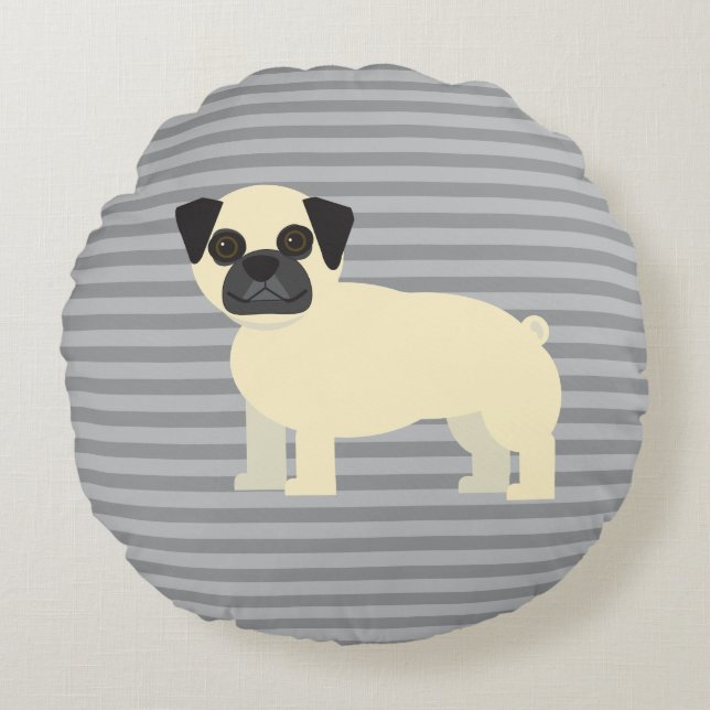 Pug Gray Lined Rond Kussen (Voorkant)