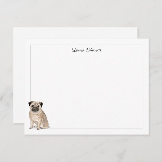 Pug Grey Border Personalized Stationery Notitiekaartje (Voorkant / Achterkant)
