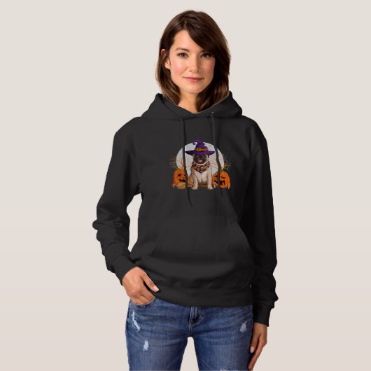 Pug Halloween bezem draagt heks Pet pompoenen Cl Hoodie (Voorkant volledig)