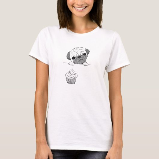 Pug Hipster T-shirt Cute Funny Pug met Cupcake (Voorkant)