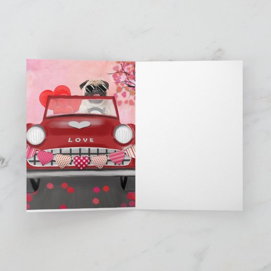 Pug Hond Auto met Hartjes Valentijnsdag Kaart (Binnen)