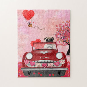Pug Hond Auto met Hartjes Valentijnsdag Legpuzzel