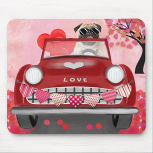 Pug Hond Auto met Hartjes Valentijnsdag Muismat