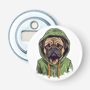 Pug Hond Draagt Groene Hoodie Button Flesopener
