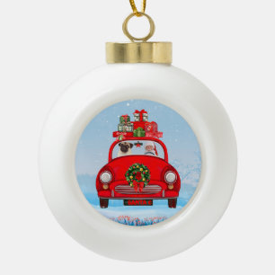 Pug Hond In Auto Met Kerstman Keramische Bal Ornament