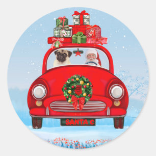 Pug Hond In Auto Met Kerstman Ronde Sticker