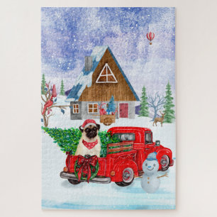 Pug-hond in kerstbezorgingswagen sneeuw legpuzzel