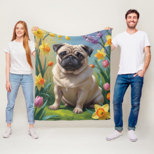 Pug Hond Lente Bloemen Schilderij Fleece Deken
