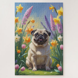 Pug Hond Lente Bloemen Schilderij Legpuzzel
