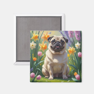 Pug Hond Lente Bloemen Schilderij Magneet