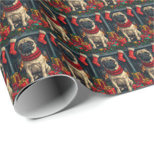 Pug Hond Met Kerstcadeaus Open Haard  Cadeaupapier