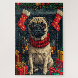 Pug Hond Met Kerstcadeaus Open Haard Legpuzzel