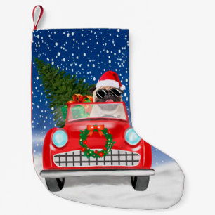 Pug Hond Rijden Auto In Sneeuw Kerstmis Kleine Kerstsok