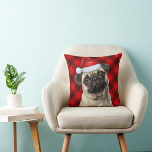 Pug Hond Rode Buffalo Plaid Kerstvakantie Kussen