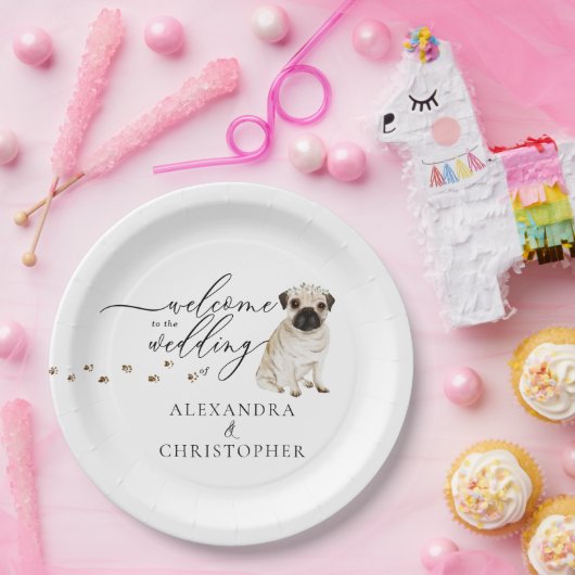 Pug Hond Welkom op bruiloft set Papieren Bordje (Feest)