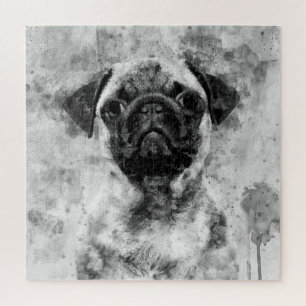 Pug Hond Zwart en Wit Aquarel 01 Legpuzzel