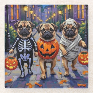 Pug-honden gaan langs voor trick-or-treat in Hallo Glazen Onderzetter