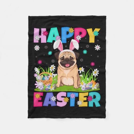 Pug Honden Happy Easter Egg Hunt Bunny Ear Pug Eas Fleece Deken (Voorkant)