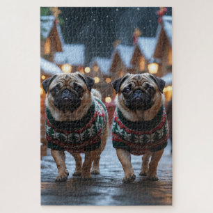 Pug Honden Kerst Sneeuw Vakantie Legpuzzel