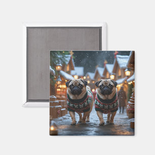 Pug Honden Kerstmis Sneeuw Vakantie Magneet